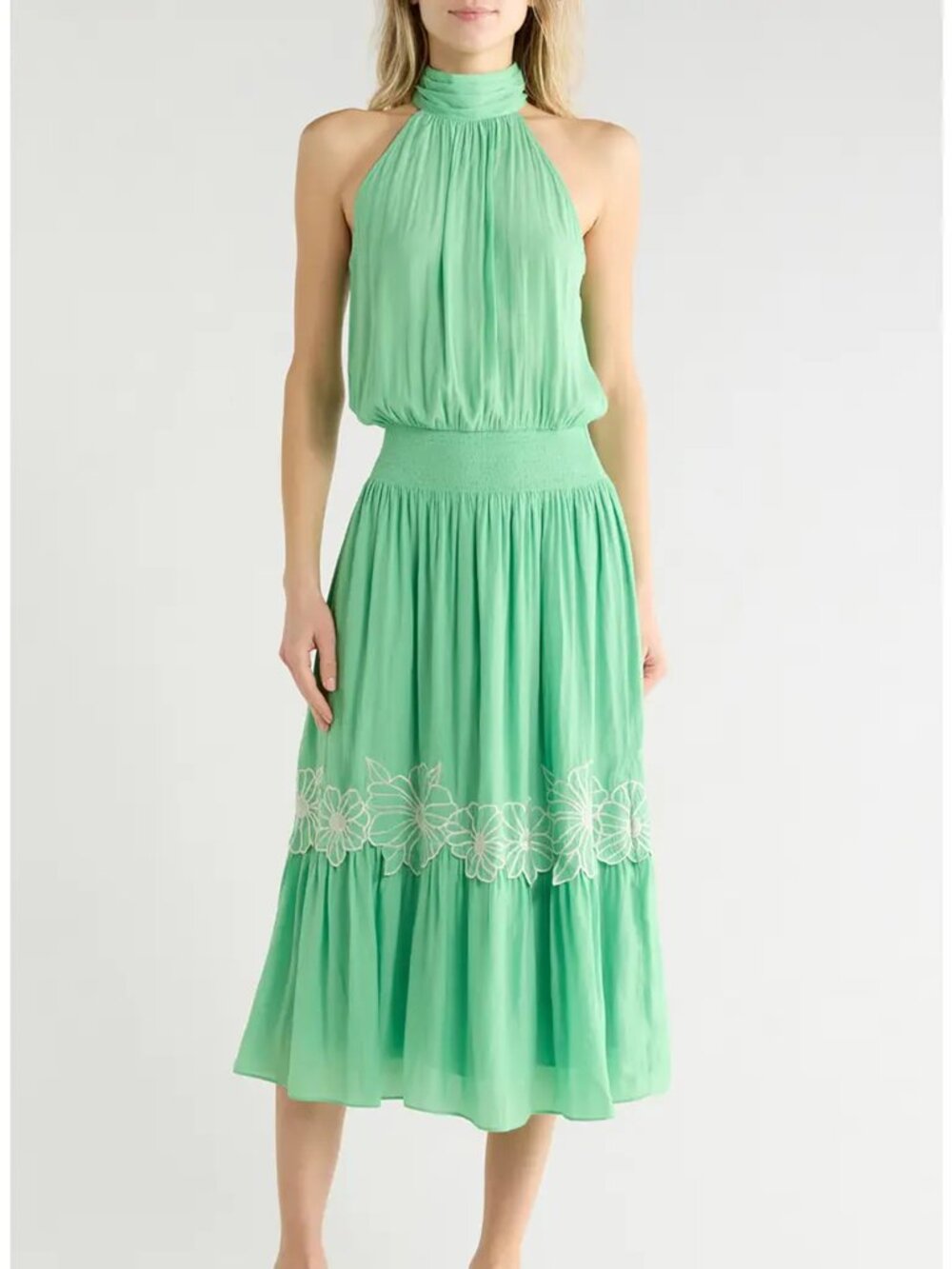 NEW Ramy Brook Elinora Sleeveless Mint Green High Neck Embroidered Dress L